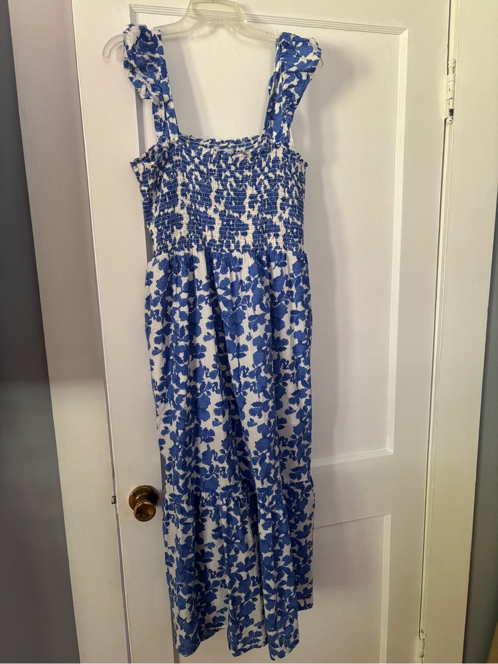 Blue and White Floral Smocked Maxi Dress